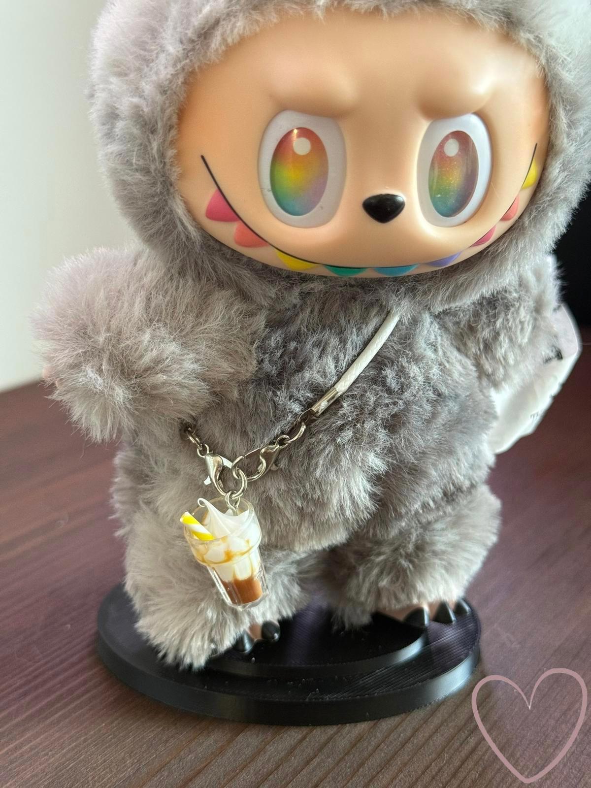 Labubu Micro Drink Charm – Iced Coffee Swirl Cup w/ Yellow Straw & Silver Clip (Doll Not Included)