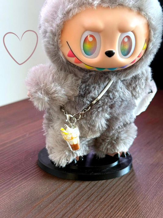 Labubu Micro Drink Charm – Iced Coffee Swirl Cup w/ Yellow Straw & Silver Clip (Doll Not Included)